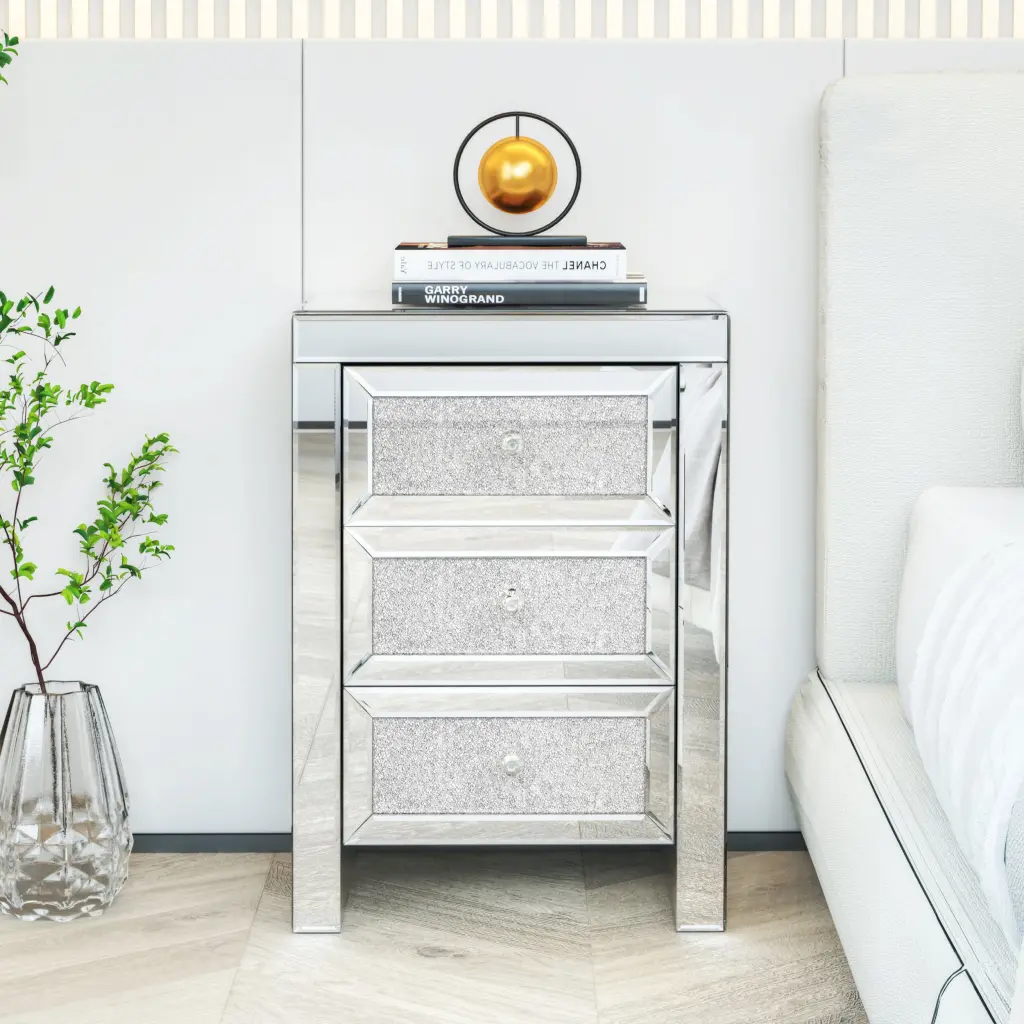 Mirrored Nightstand Silver Bedside Tables Drawers hongsing furniture