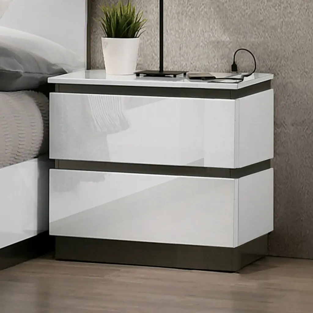Contemporary 1 Piece Nightstand White High Gloss Finish Metallic Accents kanepe