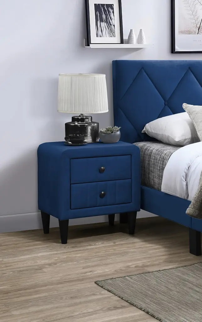 Navy Blue Velvet Nightstand Bedside Table 2 Drawers kanepe