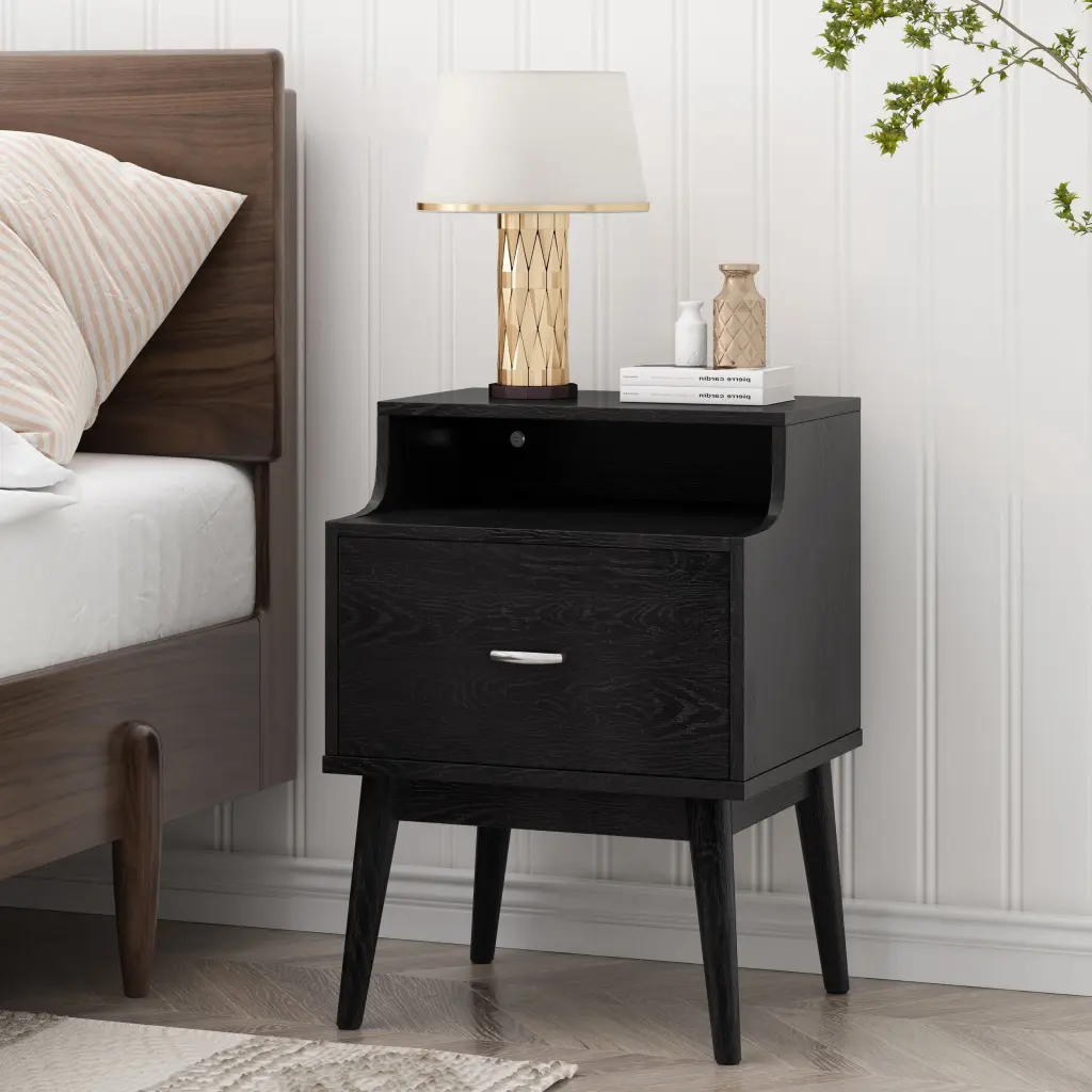 Disa 1 Drawer Nightstand Black MDF Modern Bedside Table nh-sunfay