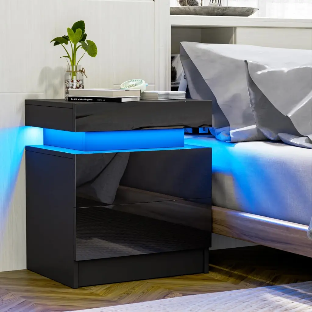 Modern Black LED Nightstand Lights Bedside Table 2 USB Ports rnb