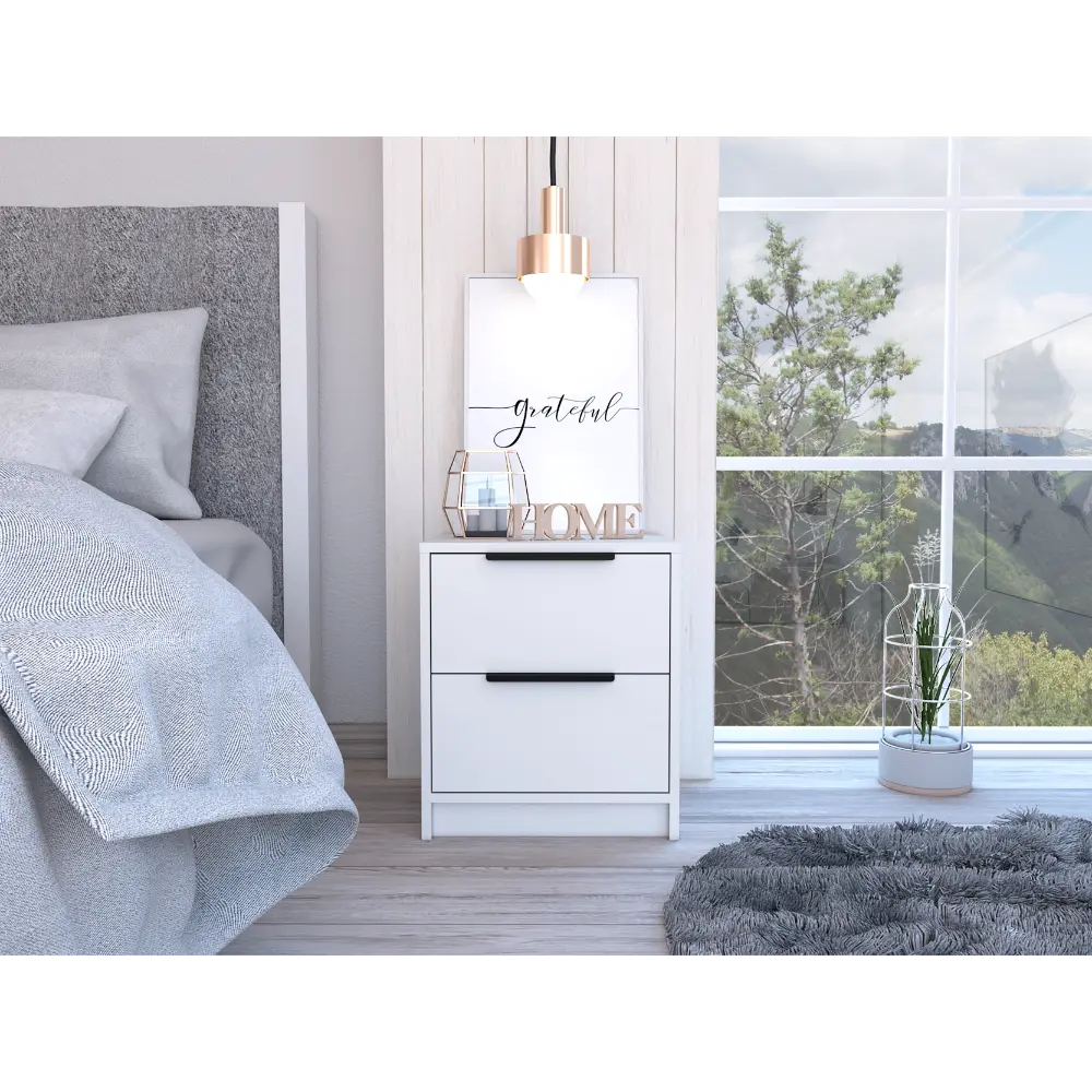 Modern Nightstand 19 Inch H Two Drawers White Particle Board Bedside Table rta mubles colombia