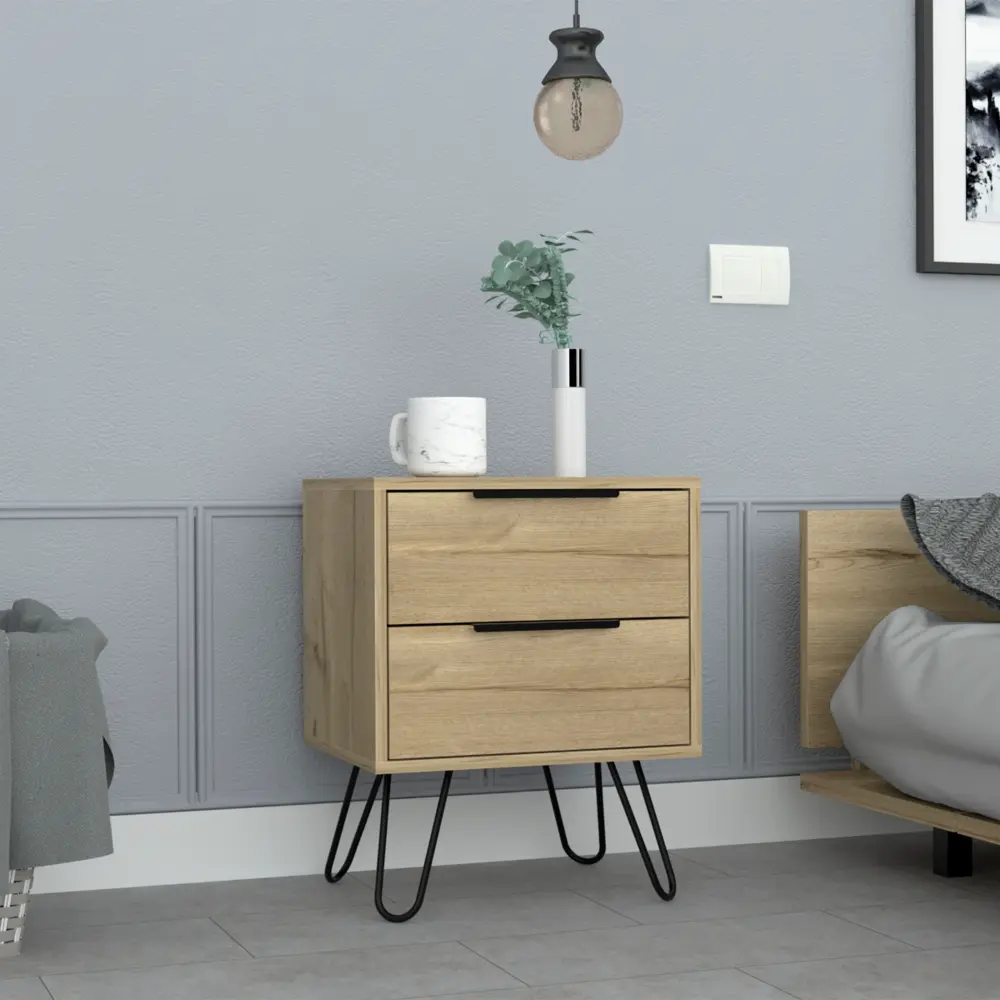 Nightstand 22 Inch H Four Hairpin Legs and Two Drawers Light Oak rta mubles colombia