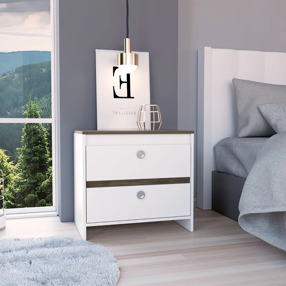 Nightstand 22 Inch H Two Drawers High-Quality Top Metal Handle White Dark Finish rta mubles colombia