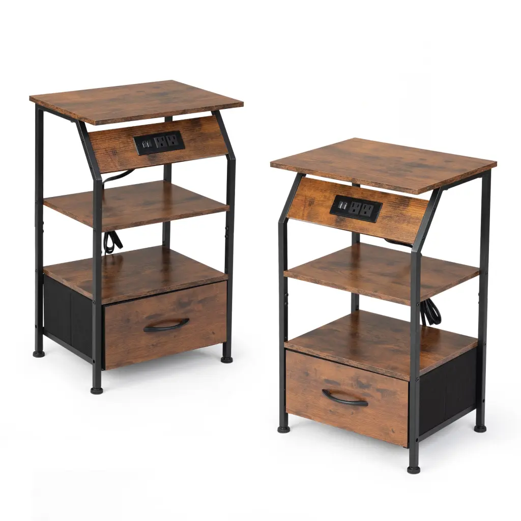 Set 2 Nightstands Charging Station Bed Side Table Non Wood Finish w2181