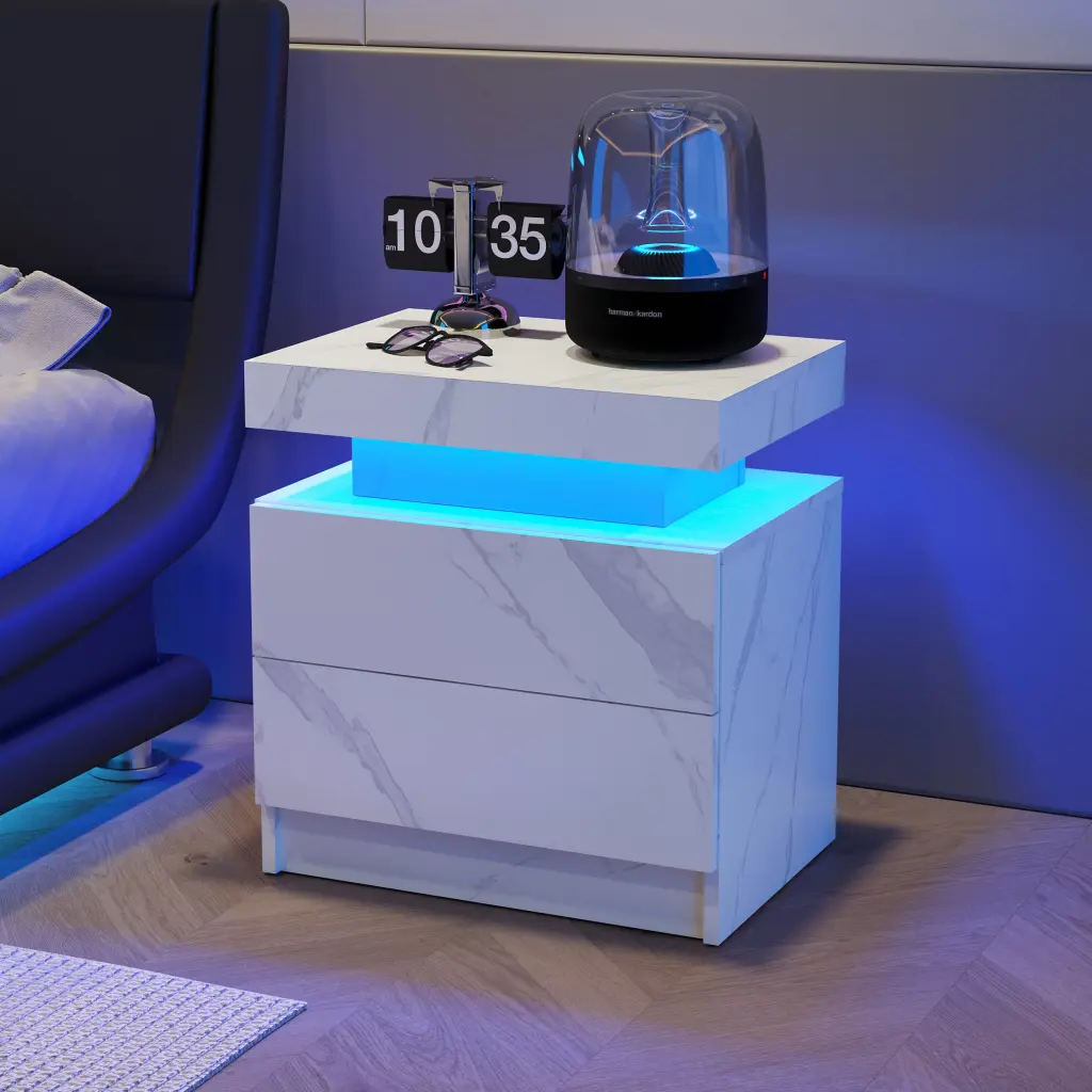 Nightstand LED Bedside Table Cabinet Lights Modern End Side 2 Drawers w2371