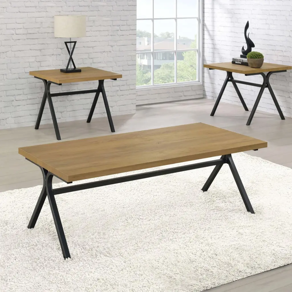 Golden Oak and Gunmetal 3 Piece Occasional Set Brown Living Room furniture max