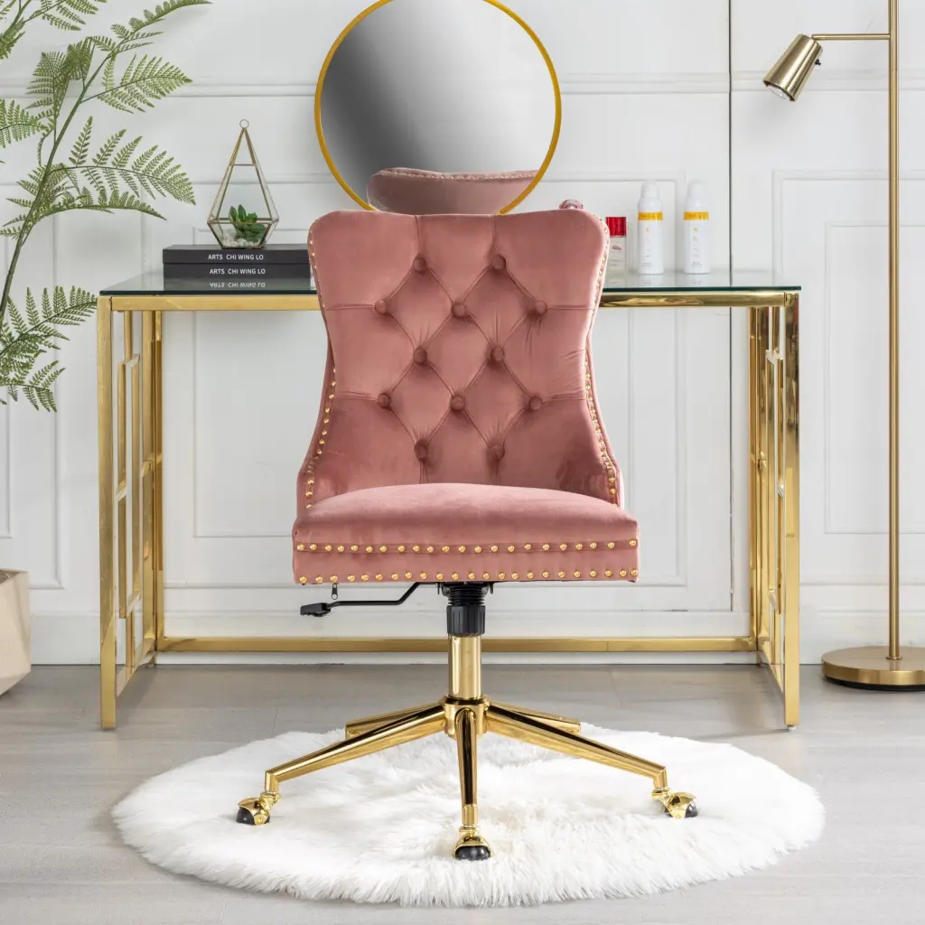 Velvet Upholstered Tufted Button Home Office Chair Gold Base Ergonomic Desk Chair a-a furniture