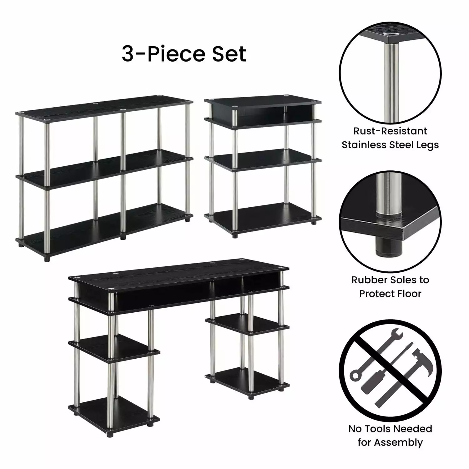 Designs2Go Desk Printer Stand and Console Table Set Black Wood Finish - Complete Home Office Set Convenience Concepts