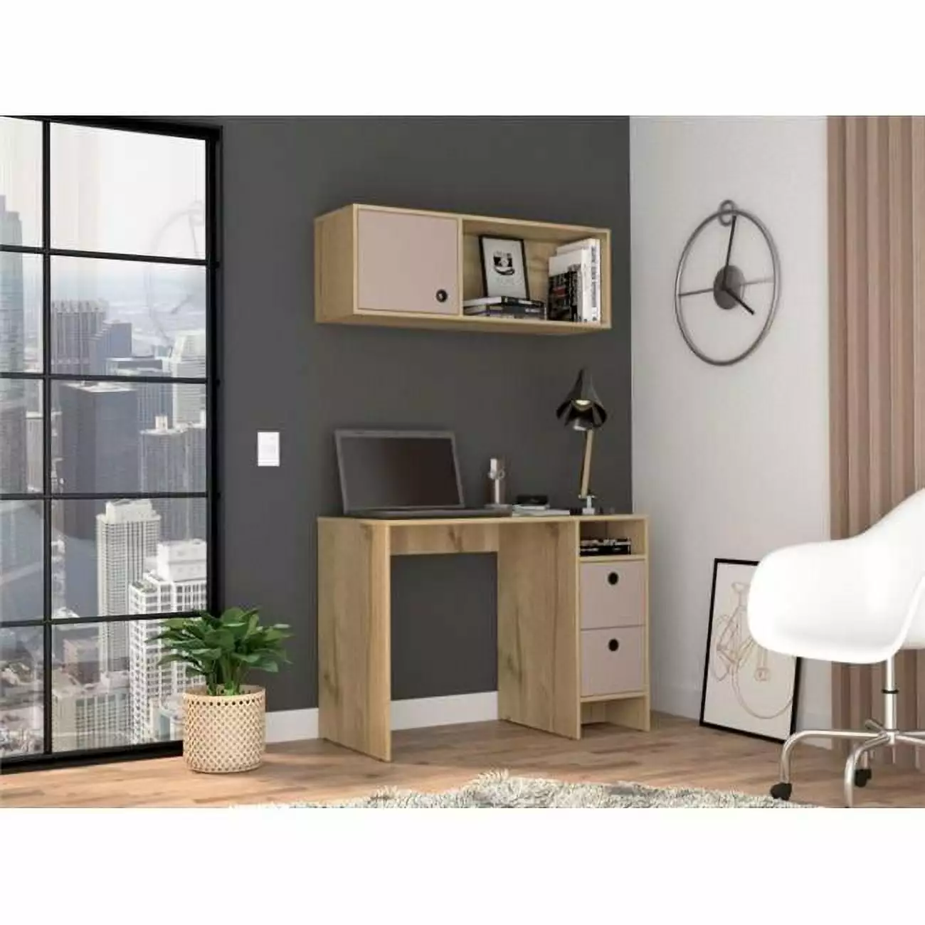 Depot E-Shop DE-CDT5967 Aramis Office Desk Set Light Oak Taupe Modern Workspace Furniture Depot Eshop