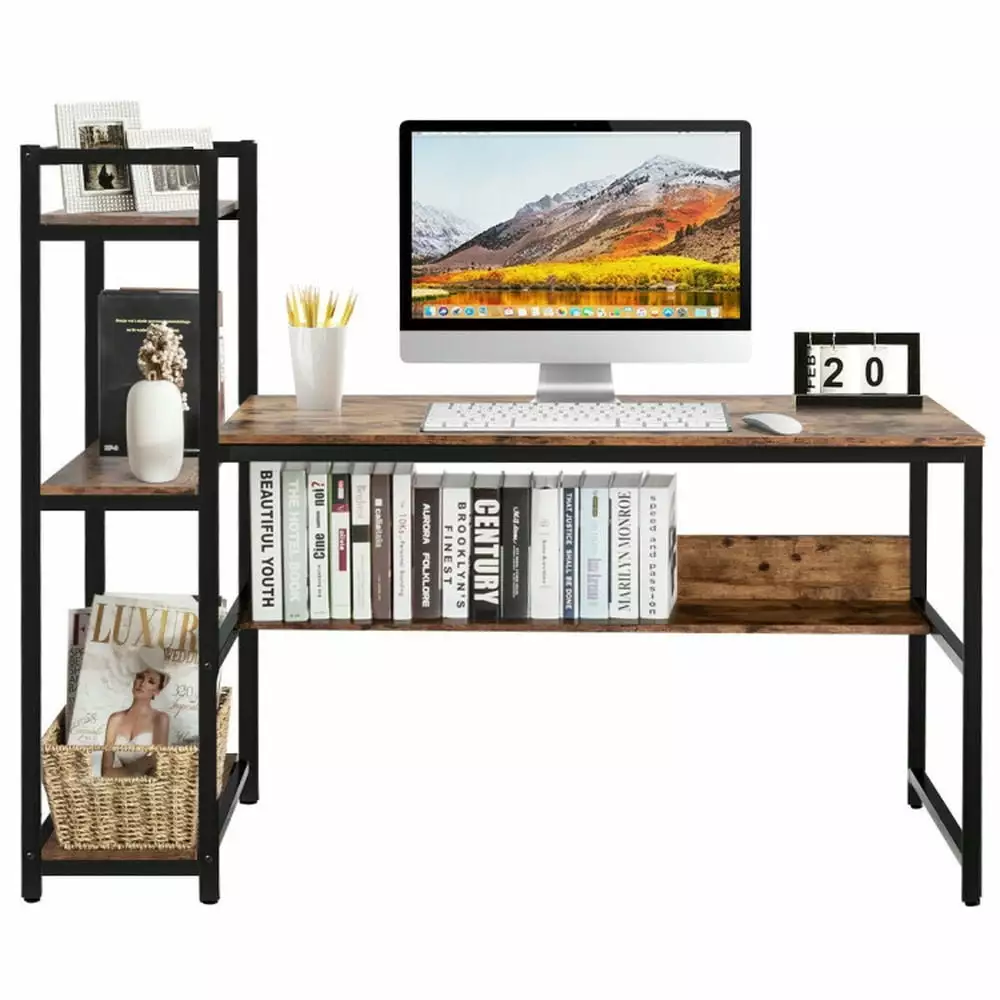 Barara King 59 Inch Home Office Desk 4 Tier Storage Shelves Rustic Brown Computer Study Writing Table