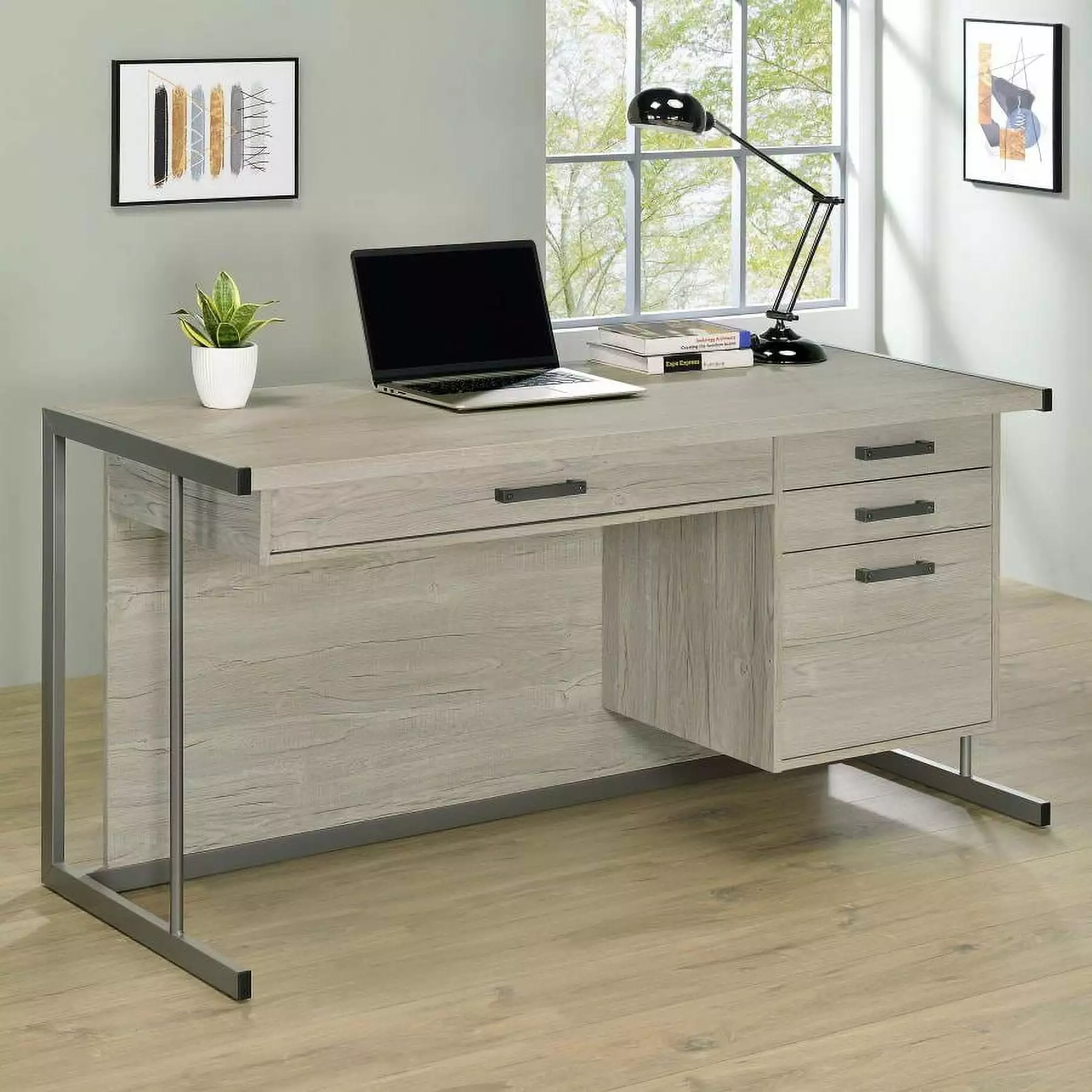 Loomis 4-drawer Rectangular Office Desk Whitewashed Grey and Gunmetal Modern Desk Coaster Company