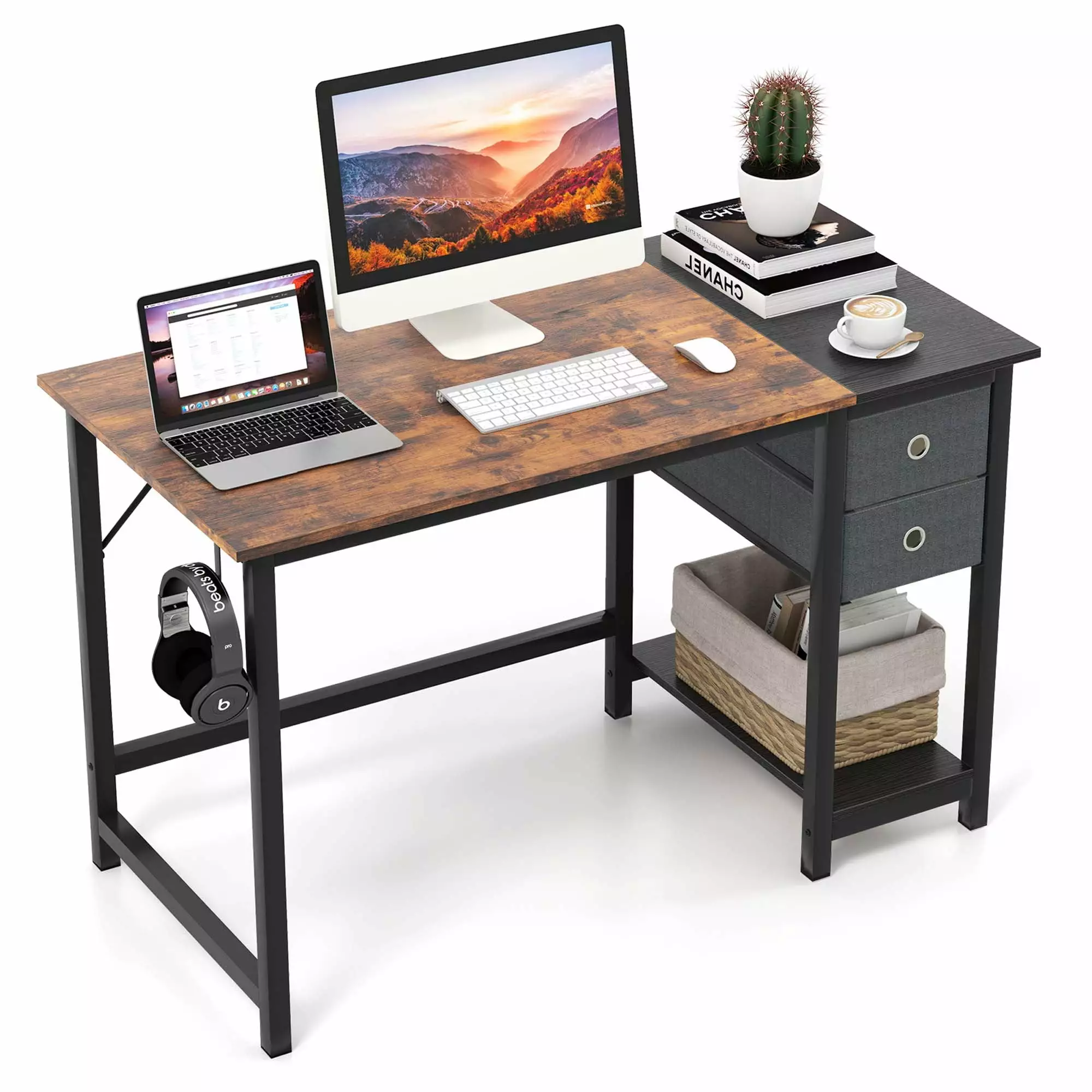 Costway 48 Inch Home Office Desk Storage Headphone Hook Shelf 2 Drawers Laptop Desk