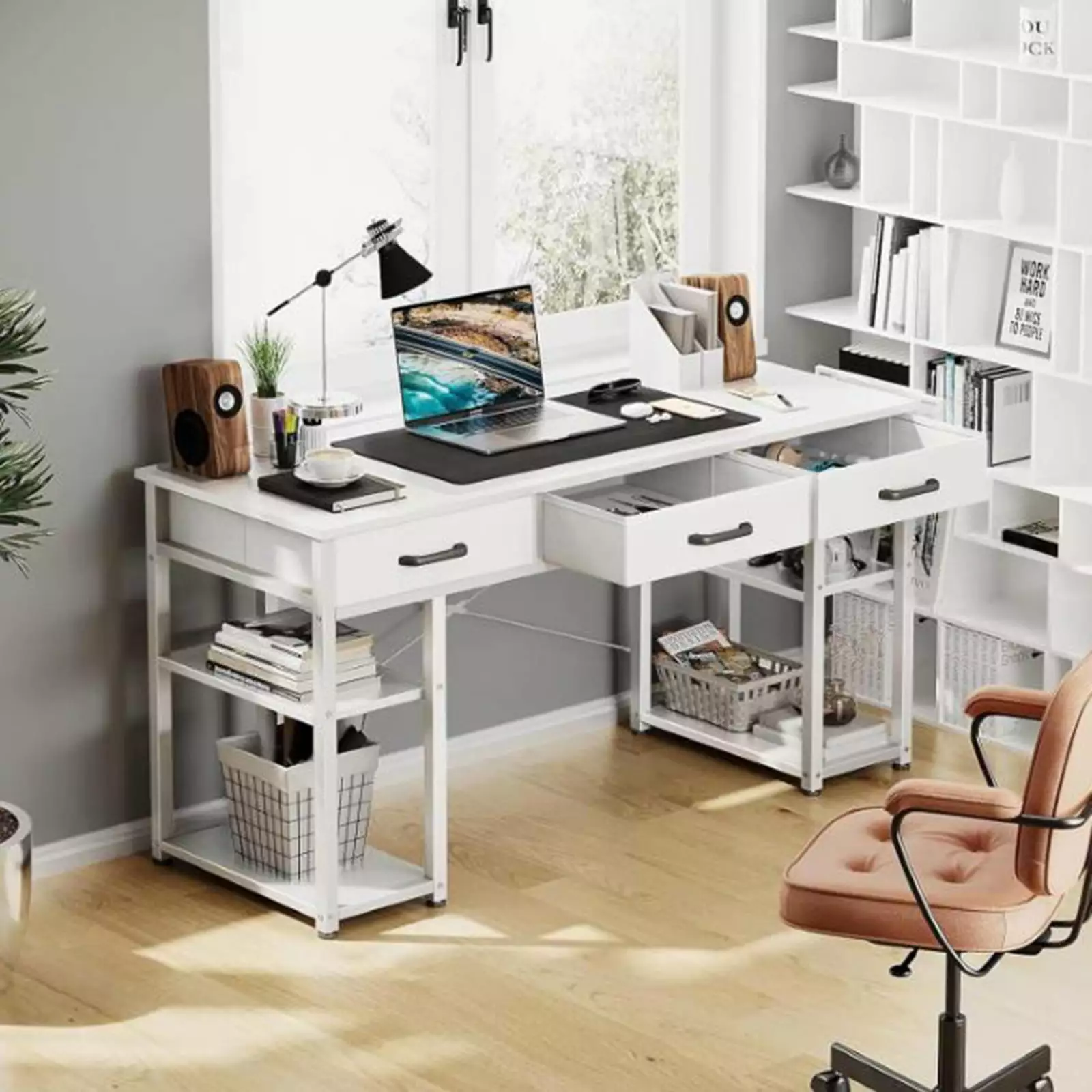 FHWM-C Home Office Desk 48 Inch White Modern Desk Drawers Office Table Home Office