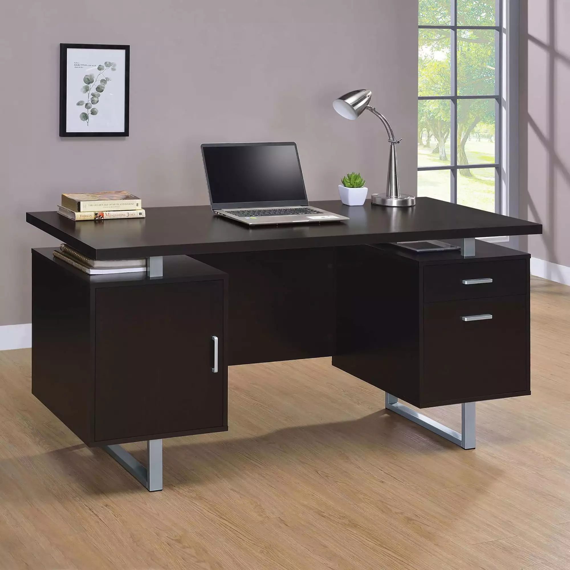 GeeHome Cappuccino 2-drawer Floating Top Office Desk Contemporary Workstation