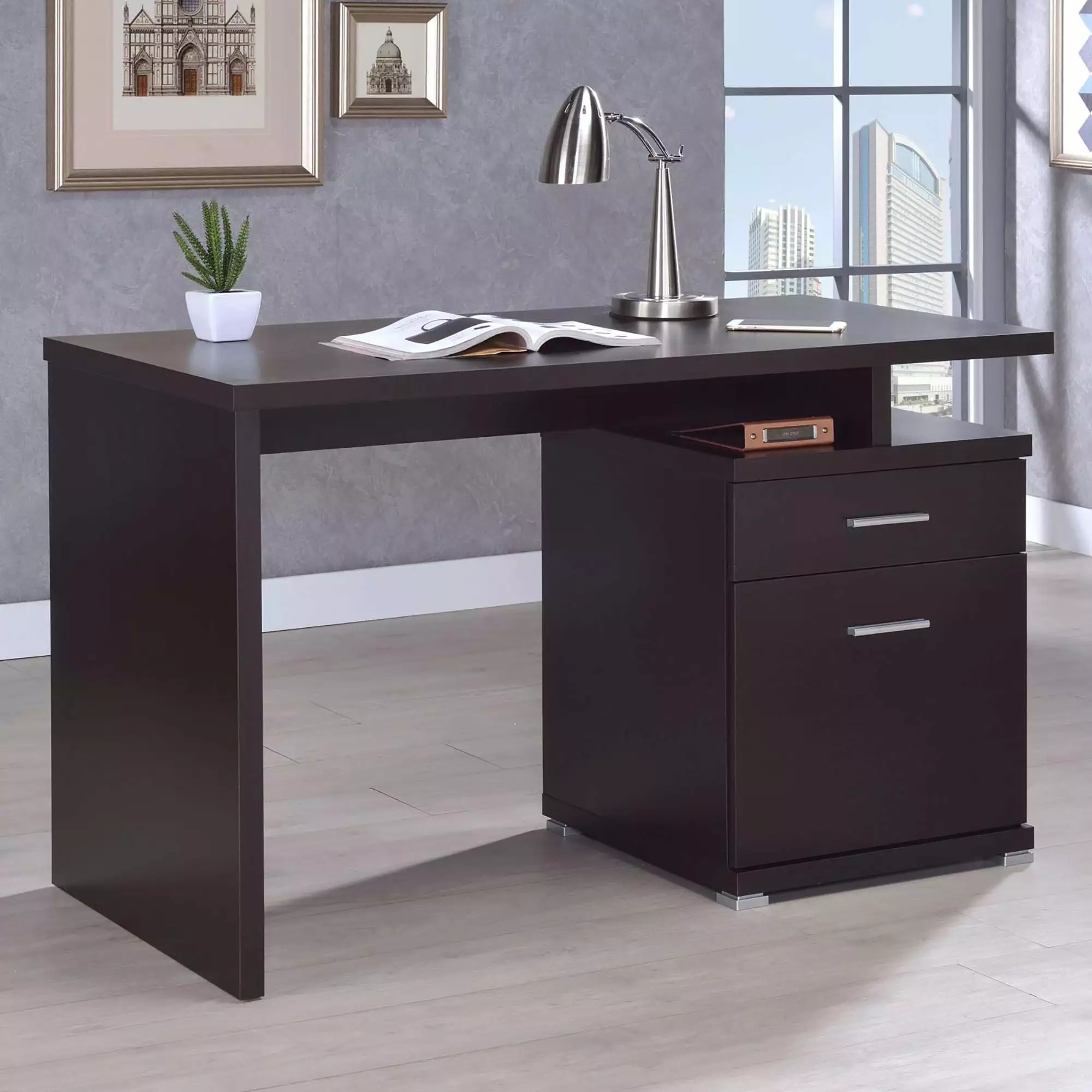 GeeHome Cappuccino 2-Drawer Reversible Office Desk Home Office