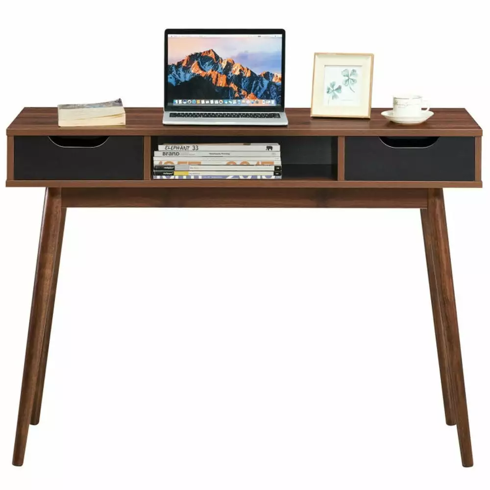 GVN Walnut Stylish Computer Desk Workstation 2 Drawers and Solid Wood Legs