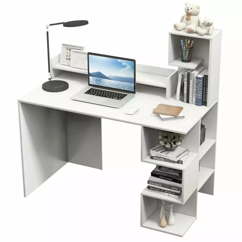 GVN White Modern Computer Desk Storage Bookshelf and Hutch Home Office Bedroom Gaming