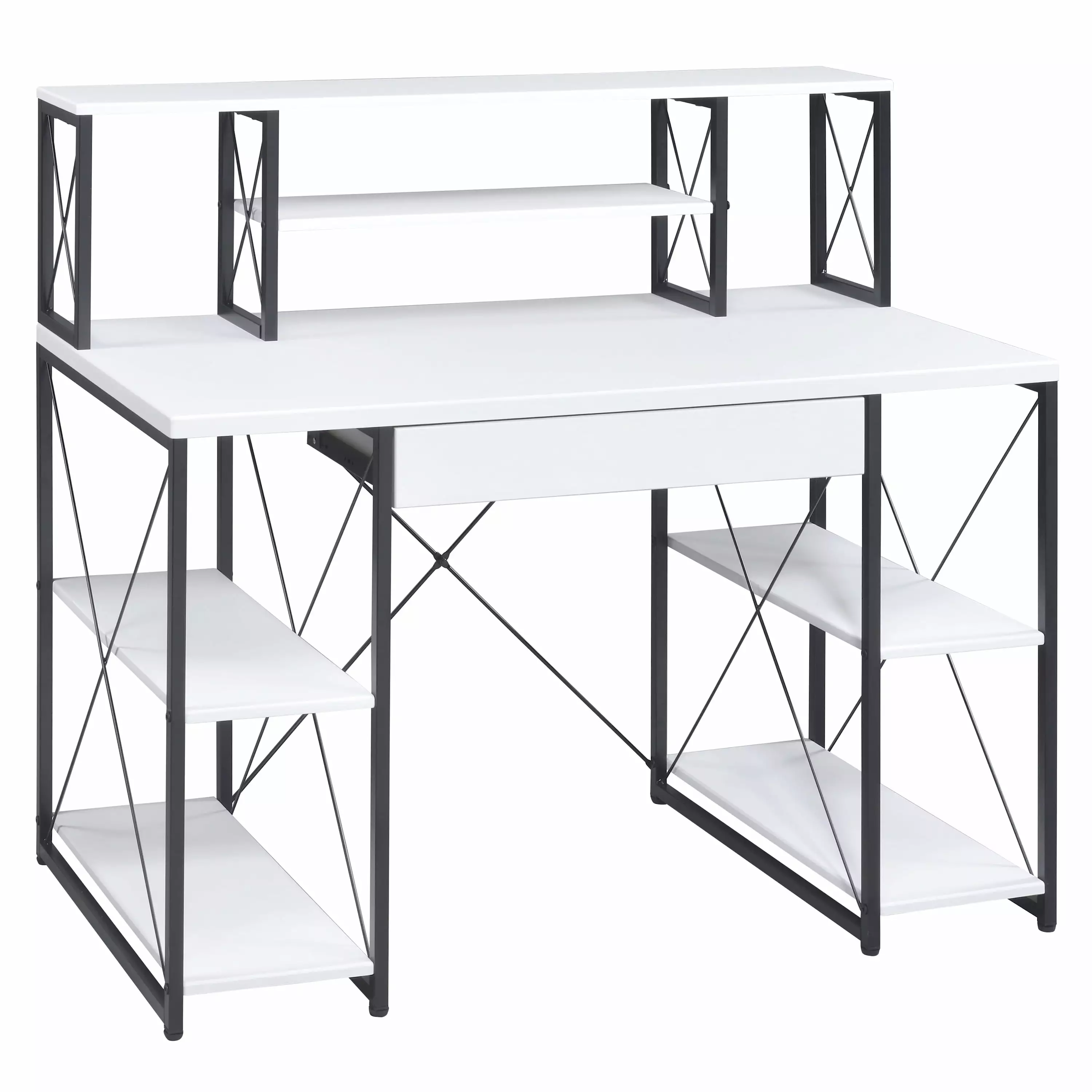 HOOPOOCOLOR White and Black Office Desk Open Shelves and Hutch