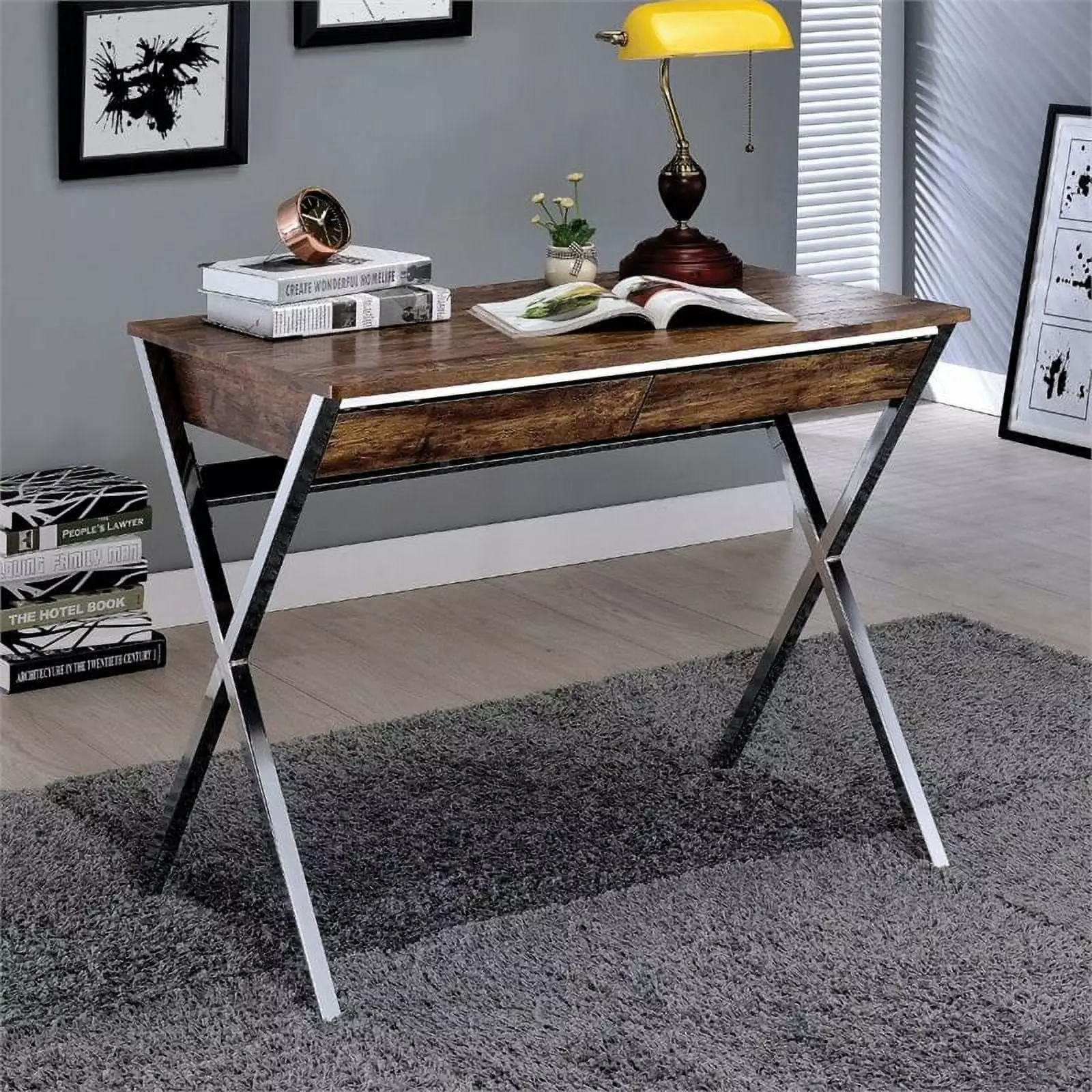 Kingfisher Lane Home Office Desk Weathered Oak and Chrome