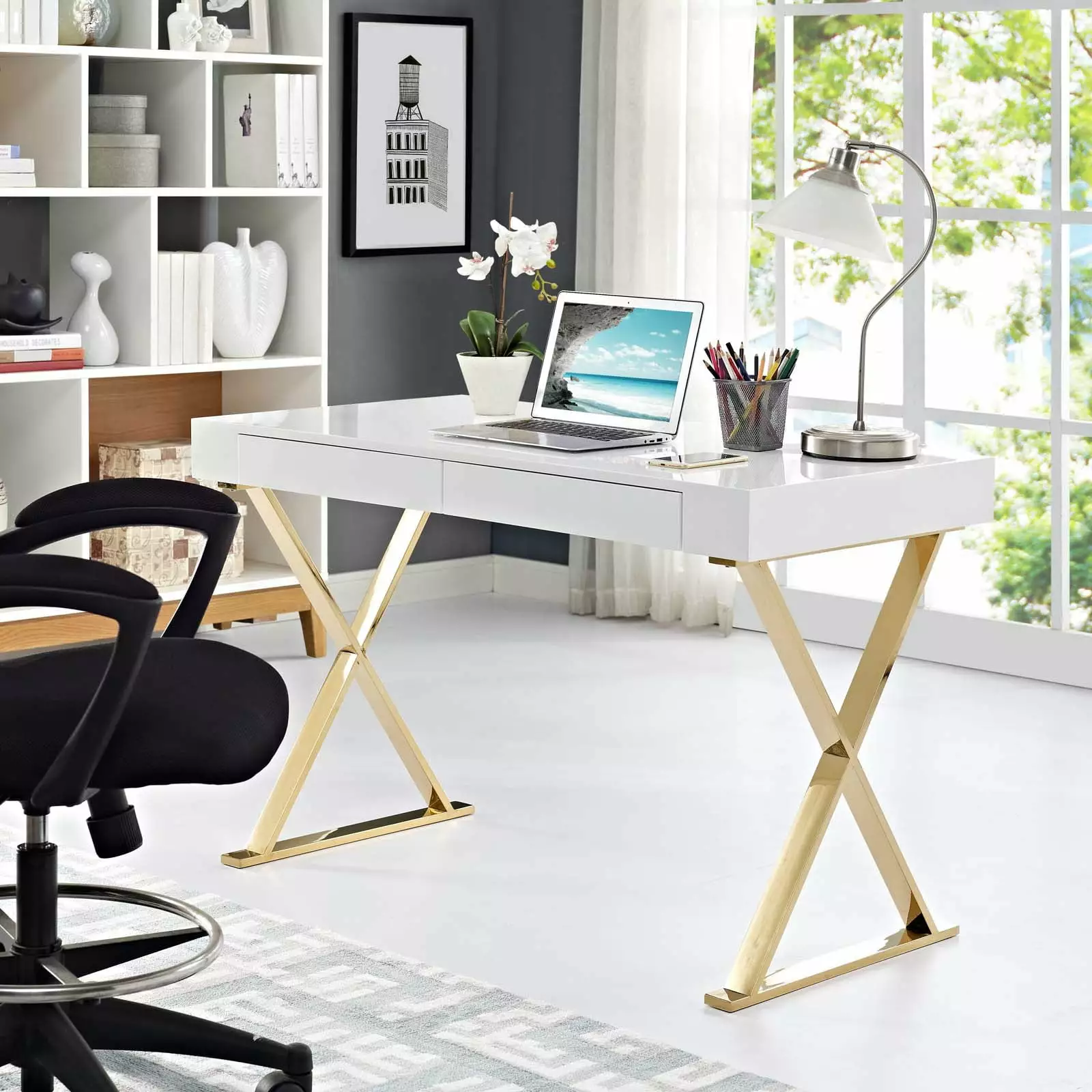 Modway Sector Office Desk White Gold Modern Minimalist Workstation