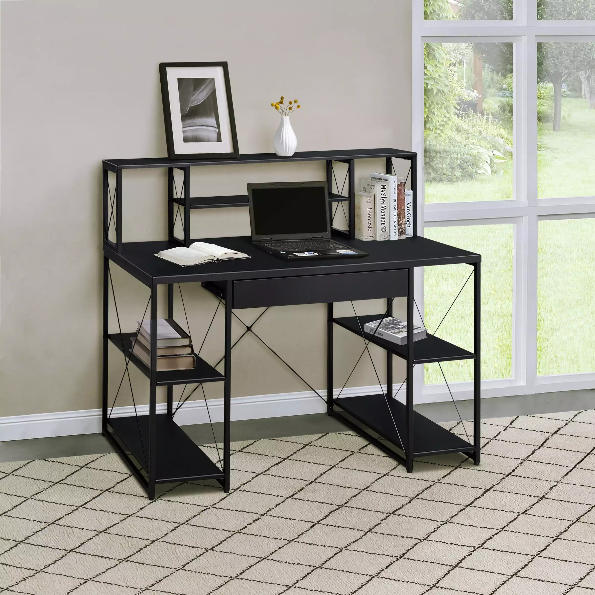 Black Office Desk Open Shelves and Hutch Home Workspace OMCCHK