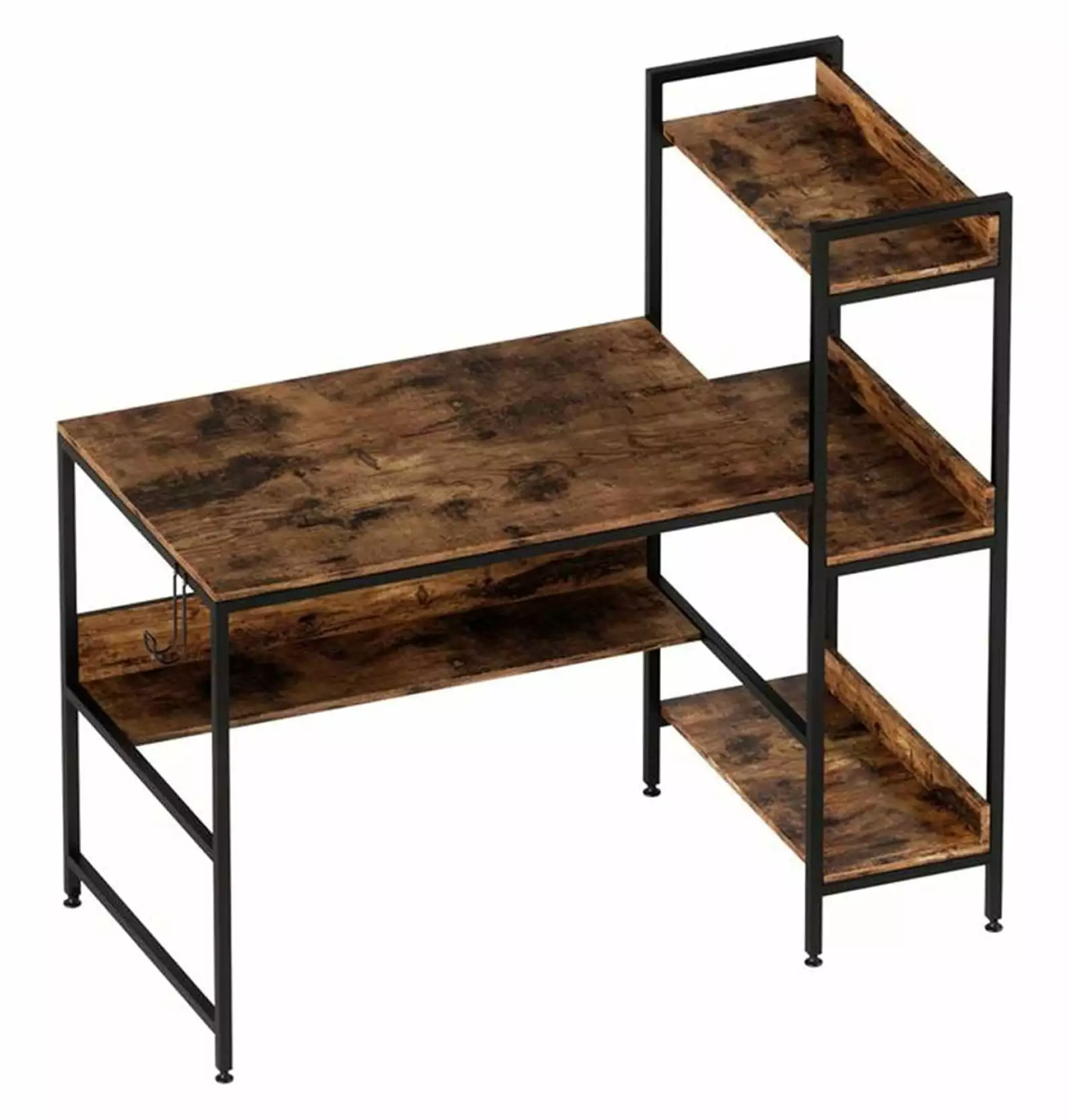 Superwum Office Computer Desk Steel Frame Reversible Shelves Headphone Hook Adjustable Feet Rustic Brown