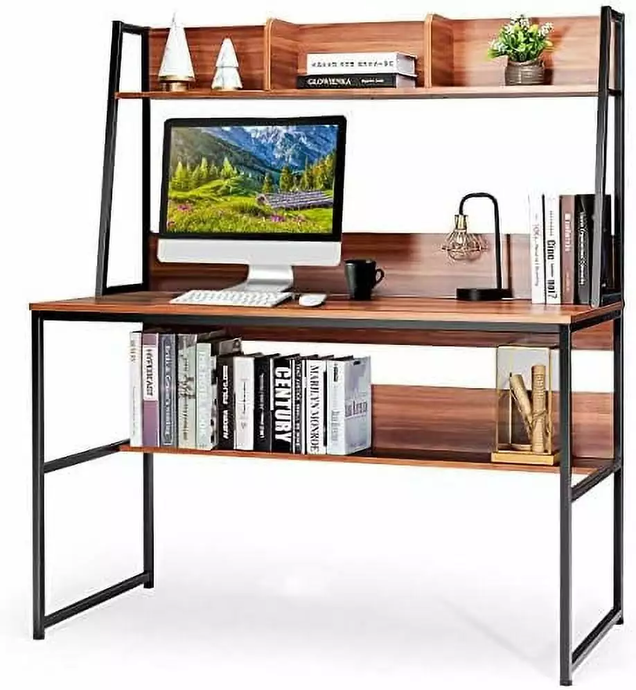 ZHENYING Brown 47 Inch Computer Desk Hutch and Bookshelf Space Saving Writing Study Table Home Office