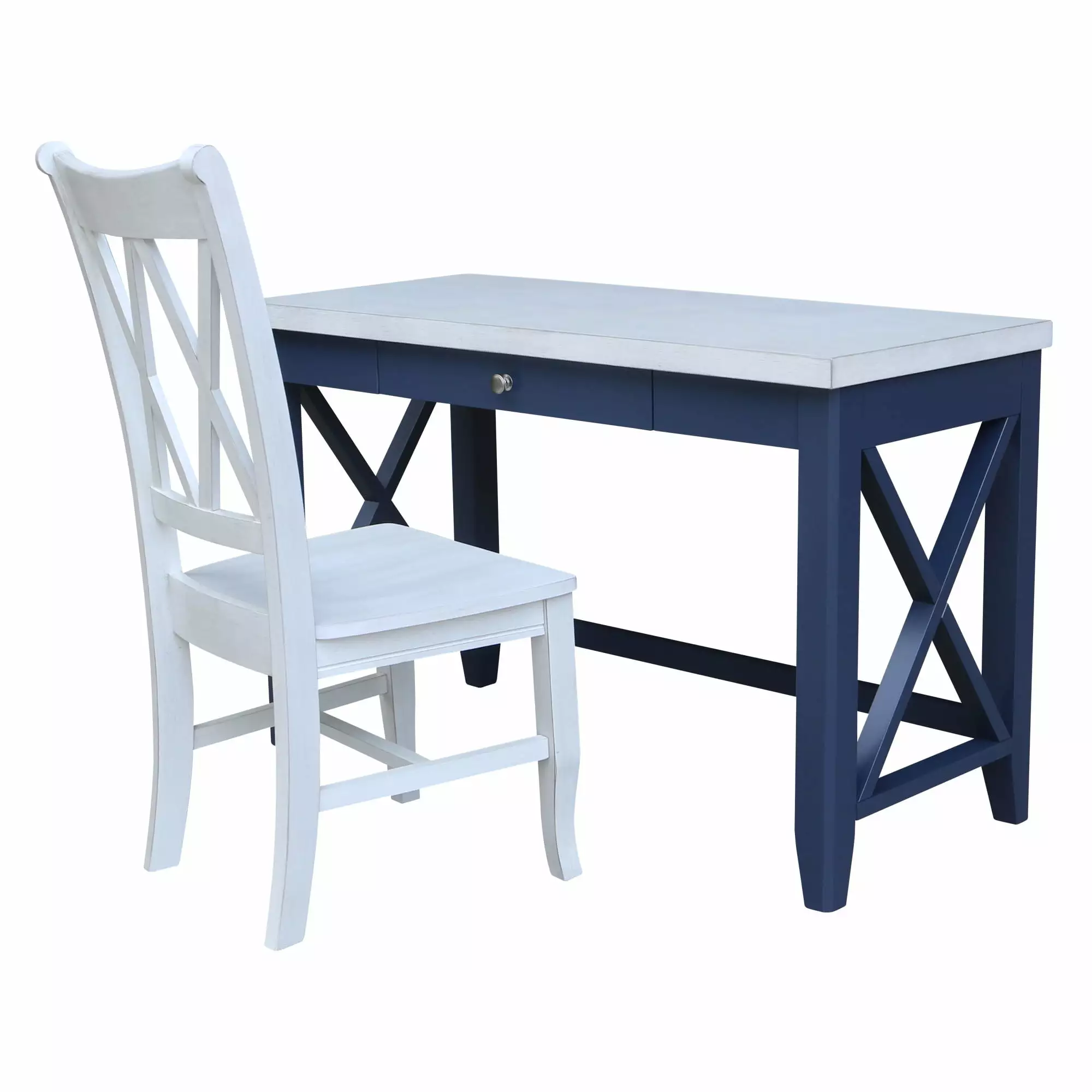 Hampton Wood Desk Double XX Back Chair Blue and Antiqued Chalk - Stylish Home Office Set International Concepts
