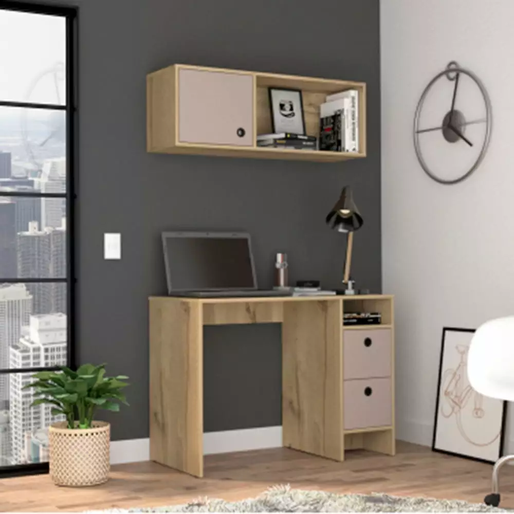 CoSoTower 2-Shelf 3-Drawer 2-Piece Office Set Light Oak and Taupe