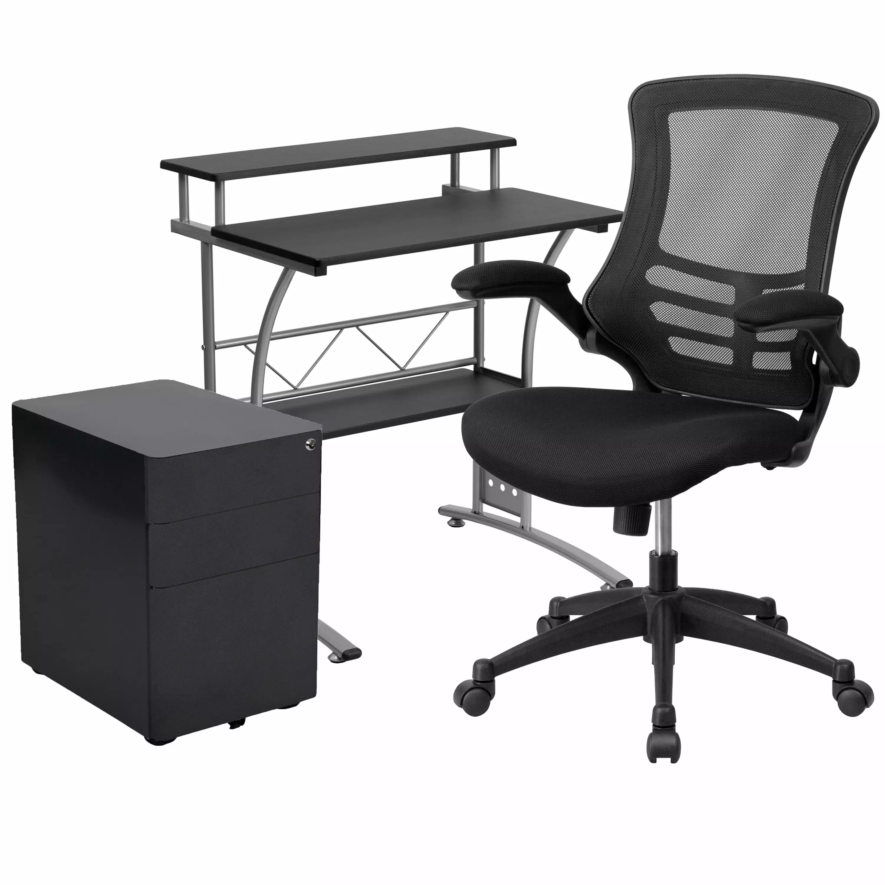 Flash Furniture Calder Work From Home Kit Black Desk Ergonomic Chair and Filing Cabinet