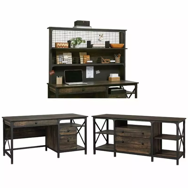 Home Square 3-Piece Set Computer Desk Hutch and Large Storage Credenza