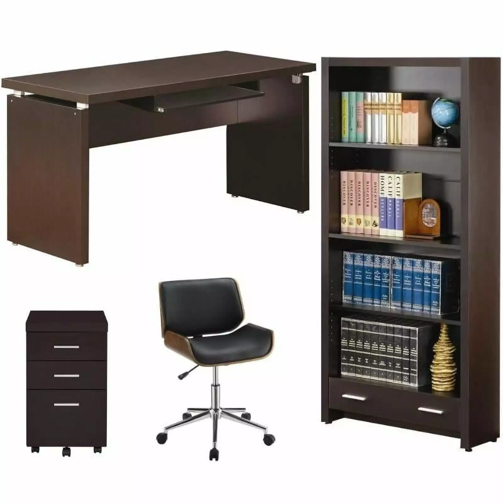 Home Square 4-Piece Office Set Desk, Mobile File Cabinet, Bookcase, and Chair - Complete Home Office Solution