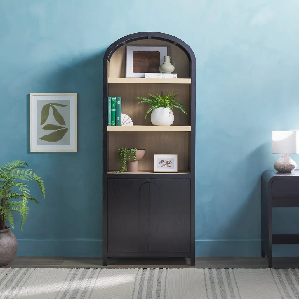 Modern 3 Shelf Open Arched Bookcase Cabinet Black MDF Home Office walker edison