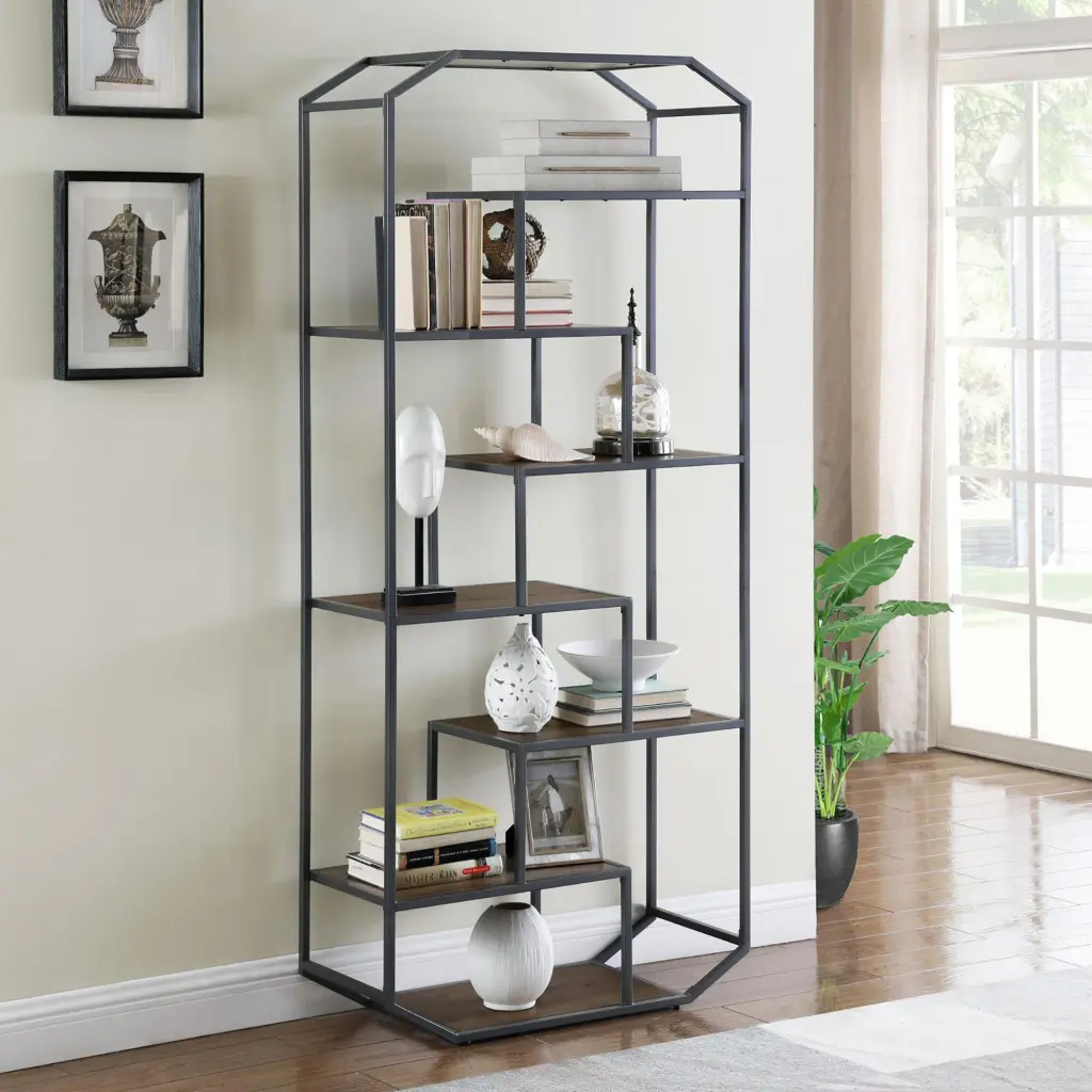 Rustic Brown And Dark Grey 6 Shelf Open Back Bookcase Modern Etagere furniture max