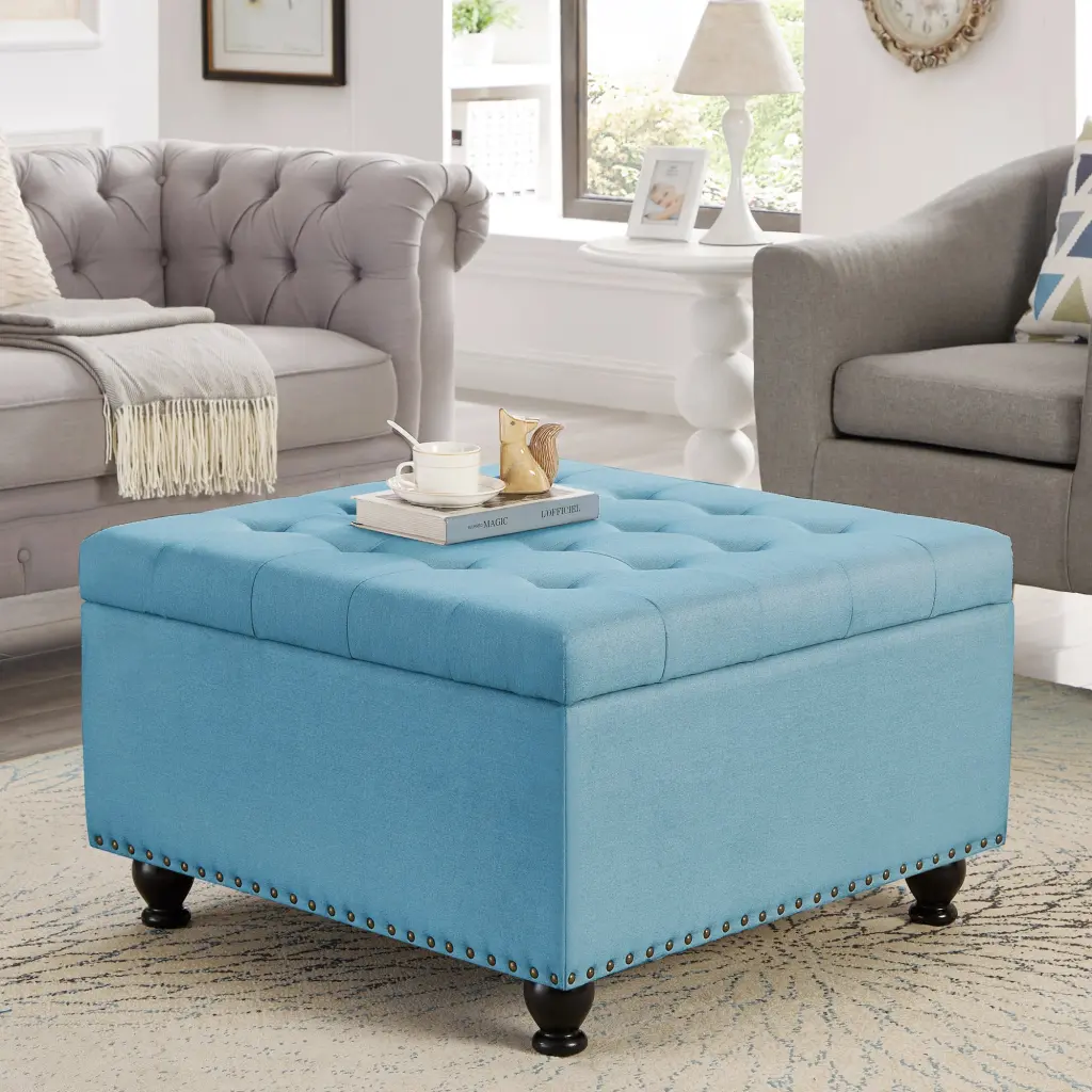 Large Square Storage Ottoman Wooden Legs Upholstered Button Tufted Footstool Bench wm home furniture