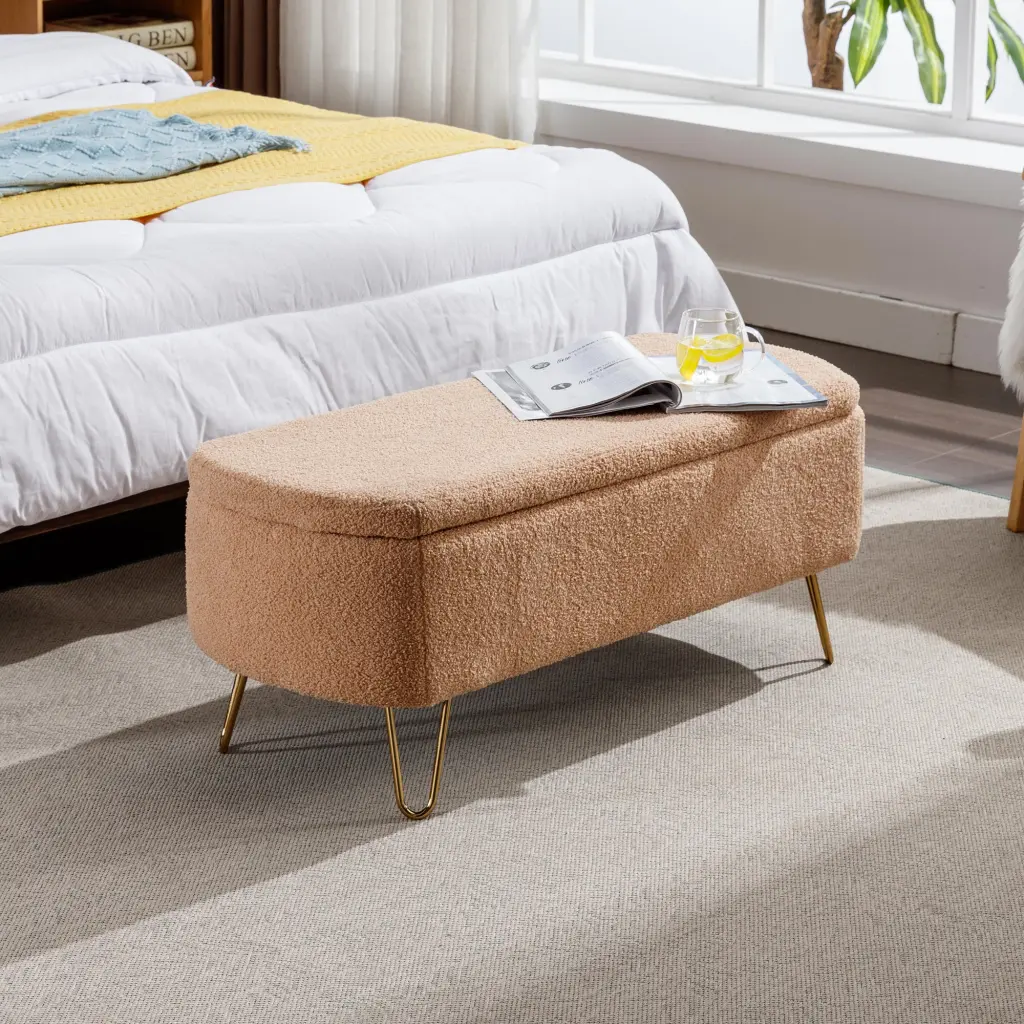 Camel Storage Ottoman Bench Gold Legs - Modern Faux Leather Footrest End Bed zen zone