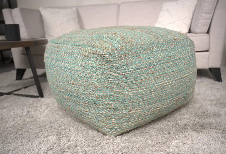 Forest Large Square Pouf Aqua Beige Fabric Footstool bazar