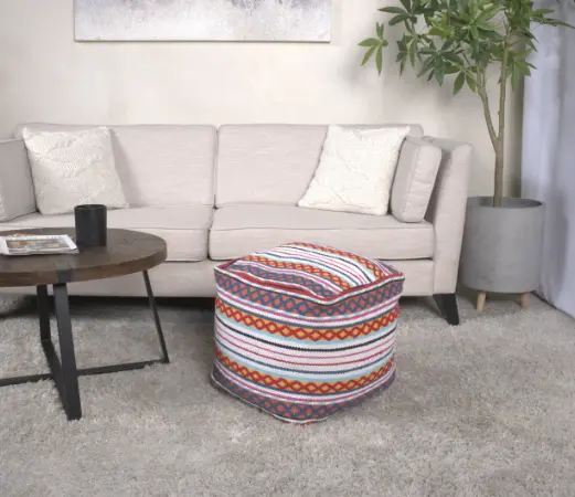 Hamlet Square Pouf White Yellow and Multi Red Fabric Living Room Decor bazar