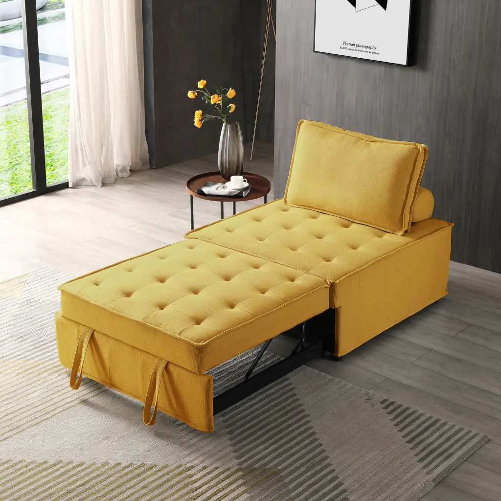 Multipurpose Linen Fabric Ottoman Lazy Sofa Pull Out Sofa Bed Yellow hdf store