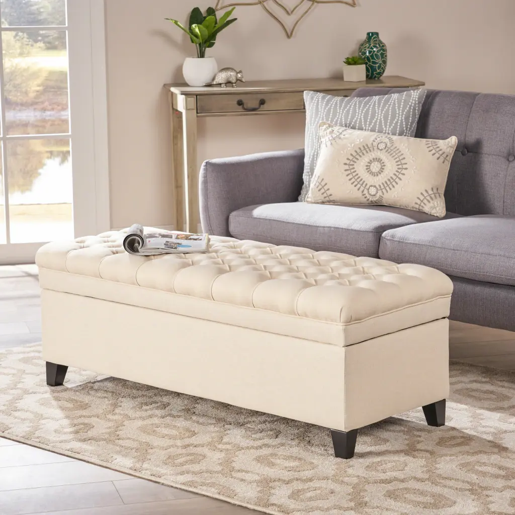 Juliana Storage Ottoman Beige Fabric Upholstered Bench nh-an