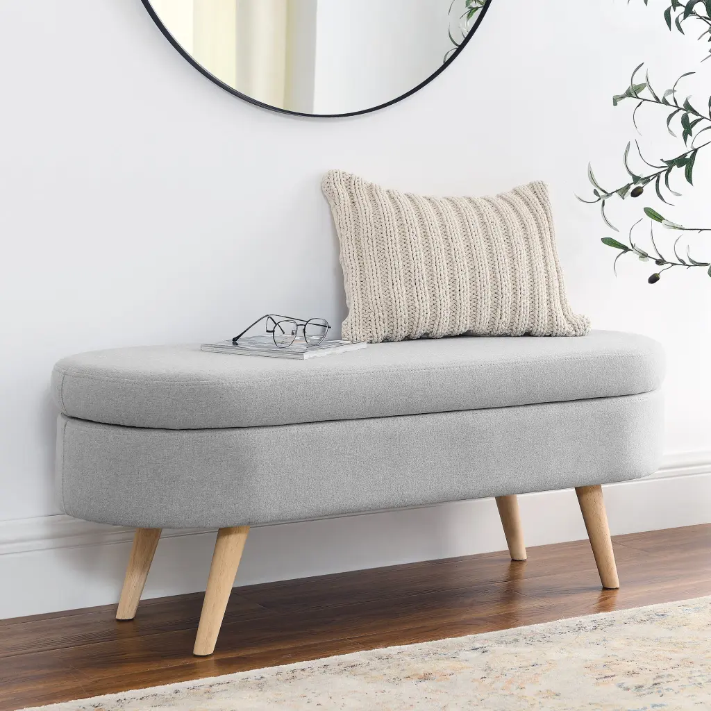 Ottoman Oval Storage Bench Rubber Wood Legs Grey 43.5 Inch X 16 Inch X 16 Inch chuangyuan smart home
