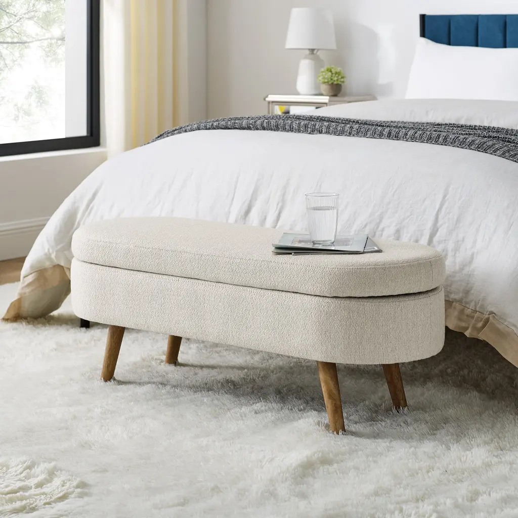 Oval Storage Bench Rubber Wood Legs Beige 43.5 Inch Ottoman chuangyuan smart home
