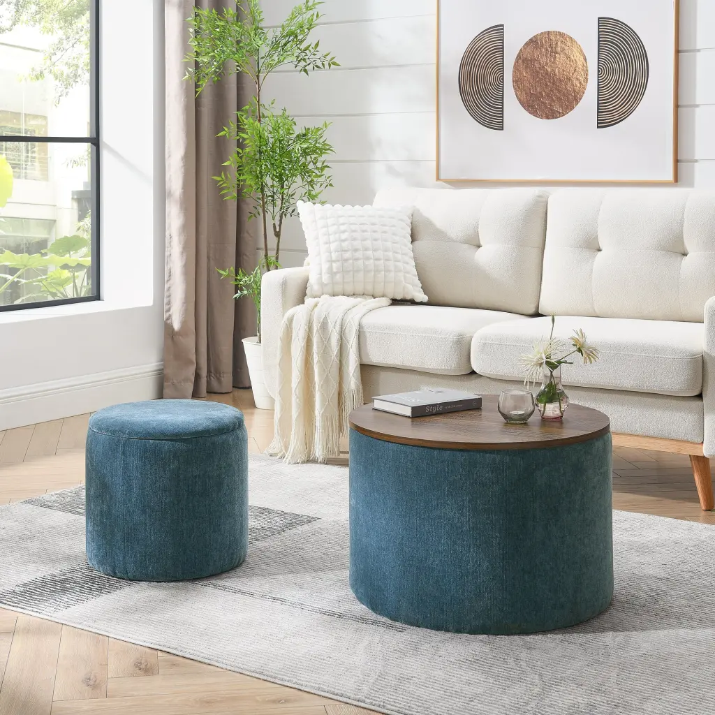 2 Piece Set Round Chenille Storage Ottoman Drum Influence Living Room chuangyuan smart home