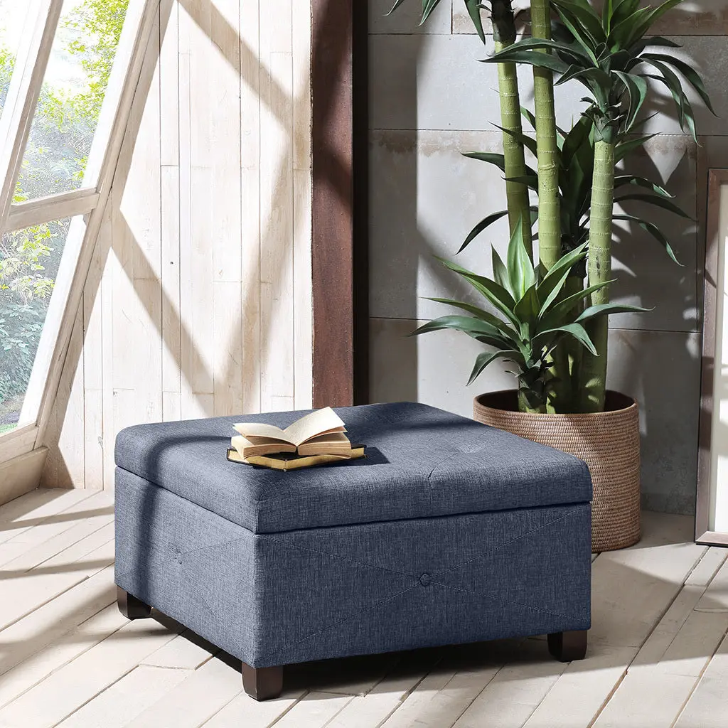 Soft Close Storage Ottoman Blue Polyester Fabric jla