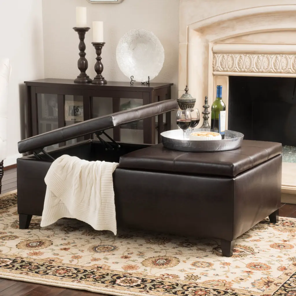 Lanister Ottoman Double Top Brown PU Leather Living Room nh-an