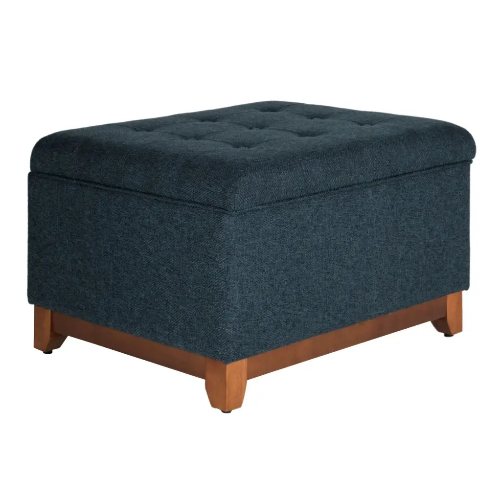 Textured Fabric Upholstered Wooden Ottoman Button Tufted Top Blue royal hampton
