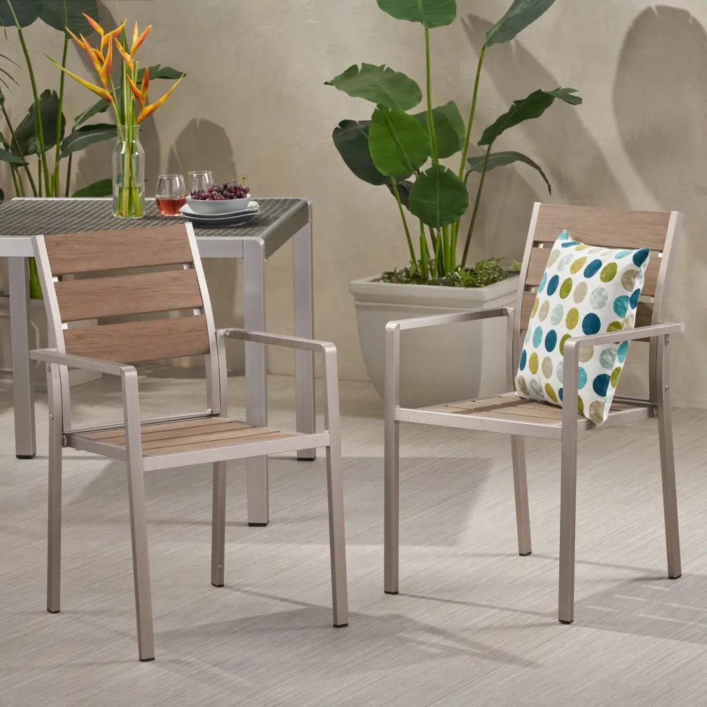 Outdoor Modern Aluminum Dining Chair Faux Wood Seat Set 2 nh-uhome