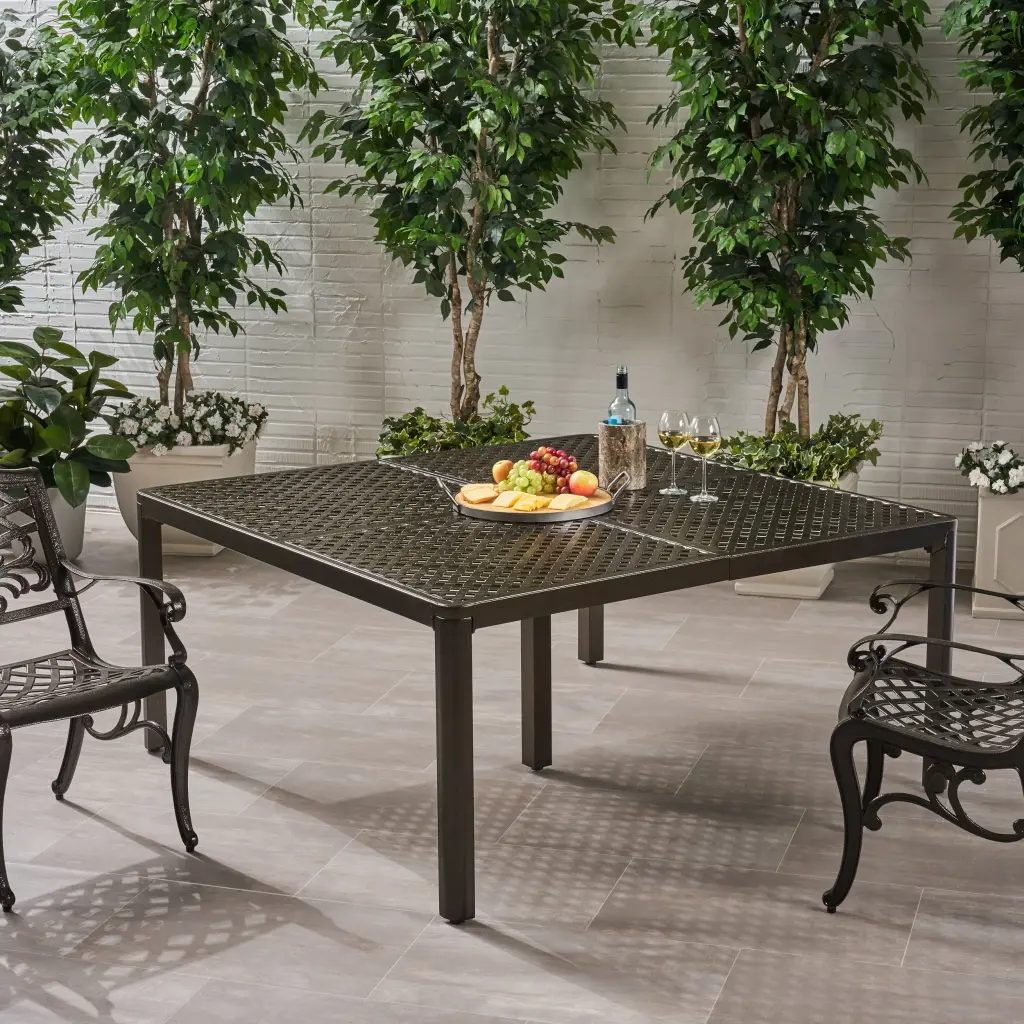 Outdoor Modern Aluminum Dining Table Woven Accents Gloss Black Finish nh-uhome