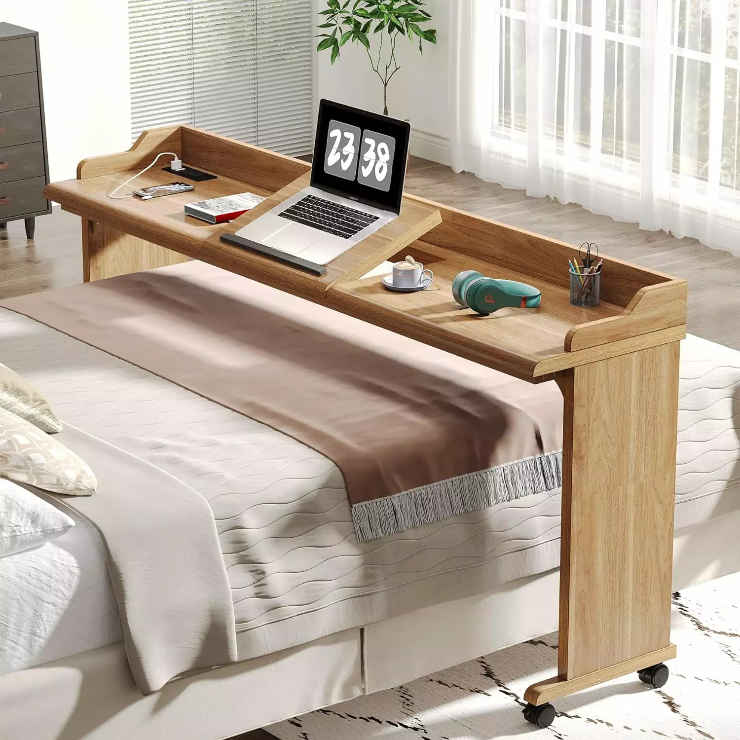 Tribesigns 70.8 Over Bed Table Wheels Mobile Queen Over Bed Desk Outlet and USB